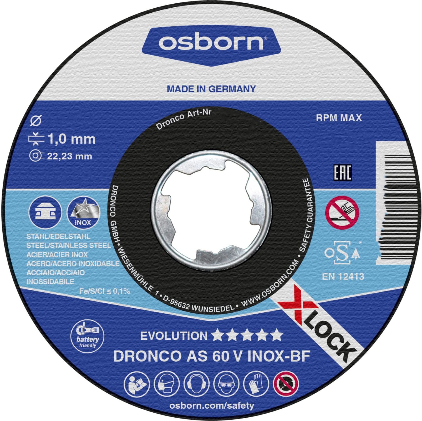 Диск отрезной по металлу 125х1х22,23 AS60V Evolution INOX X-Lock DRONCO 1921246100