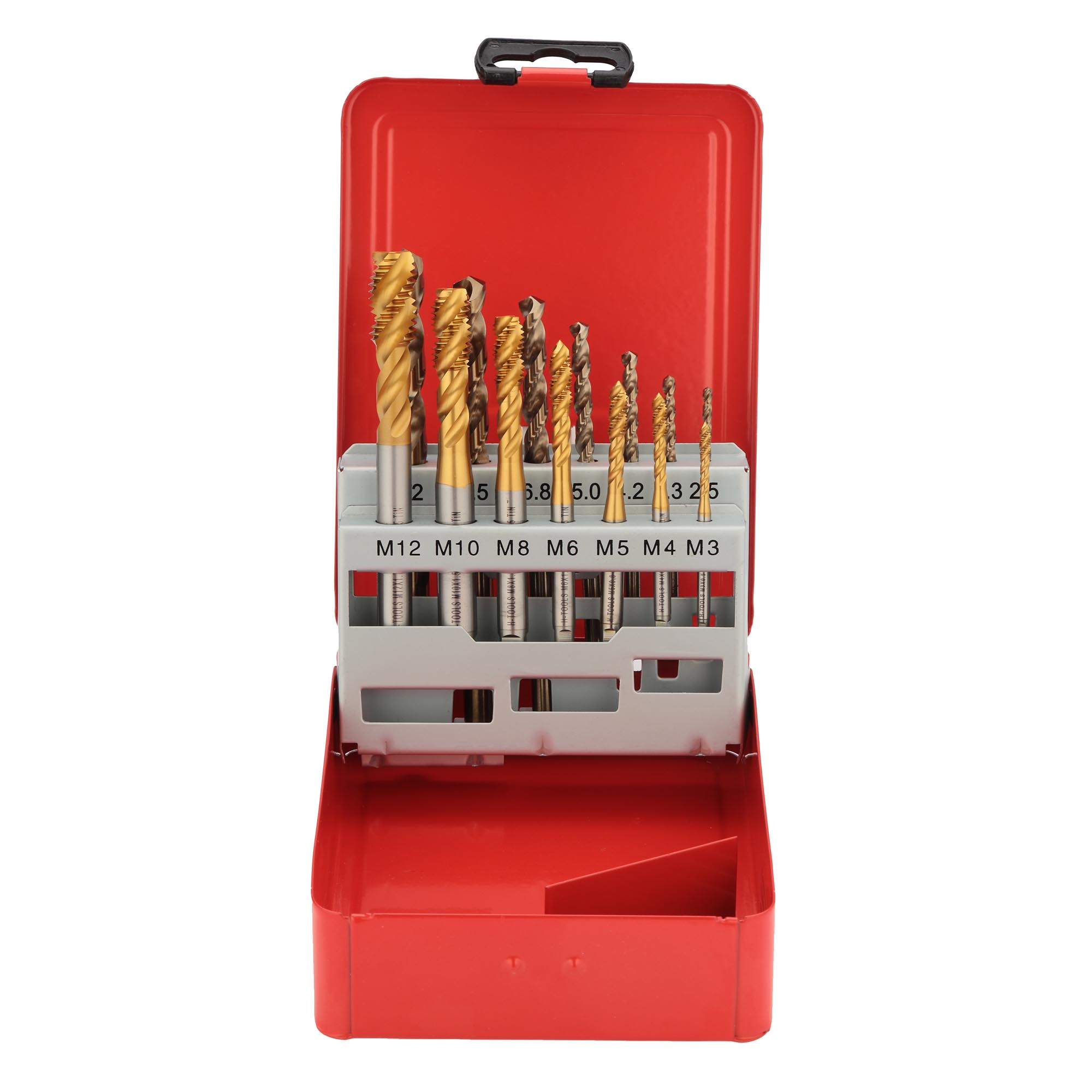 Набор метчиков машинных M3-M12 DIN371/376 HSSE-TiN 14пр H-TOOLS 245052THT + сверла