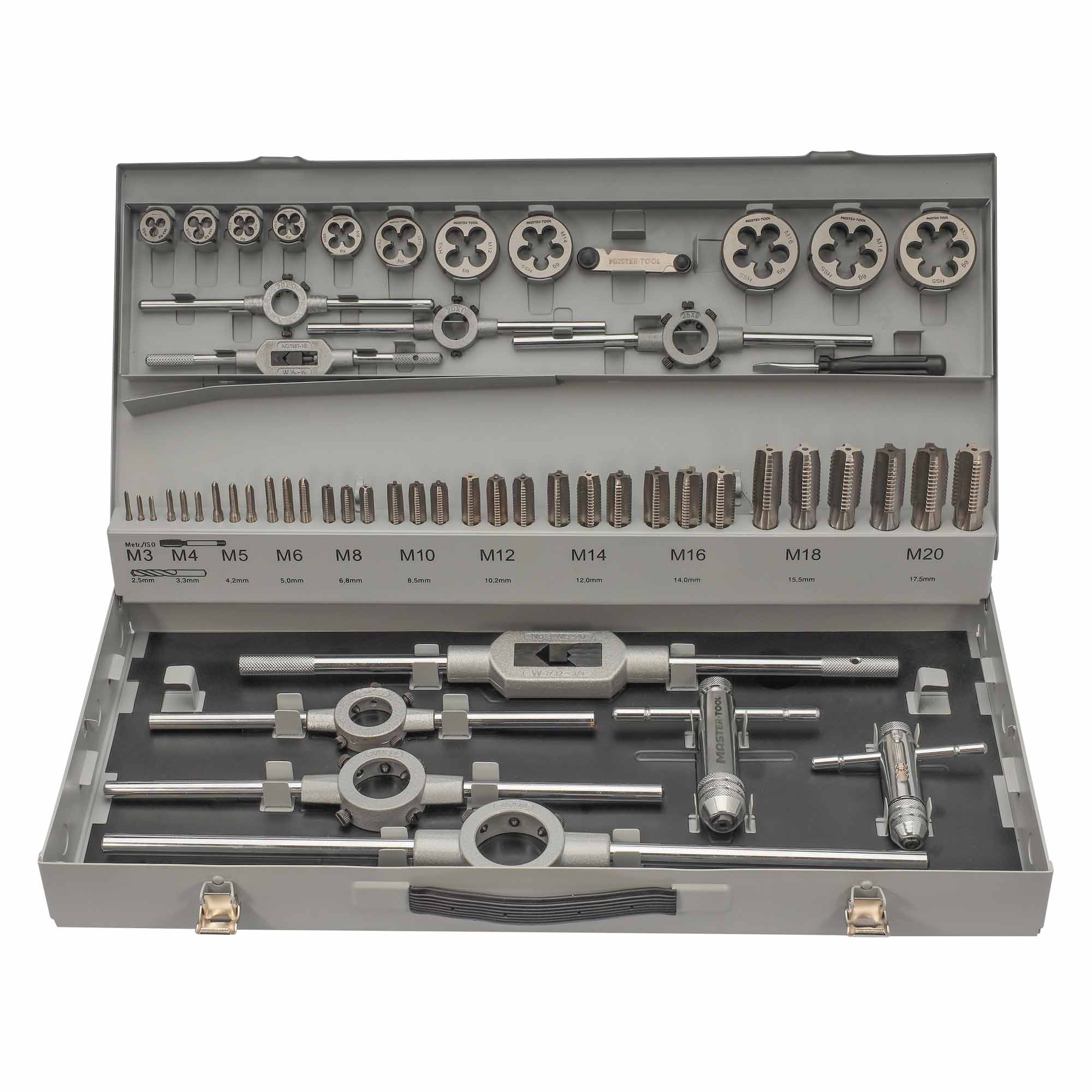 Набор метчиков и плашек M3-M20 56пр HSS-G MASTER-TOOL 1017601010004