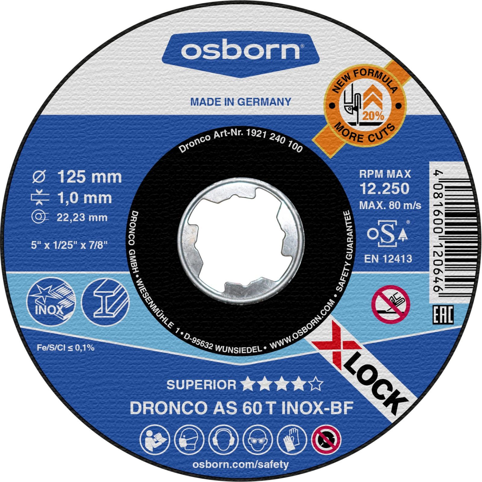 Диск отрезной по металлу 125х1х22,23 AS60T Special INOX X-Lock DRONCO 1921240100